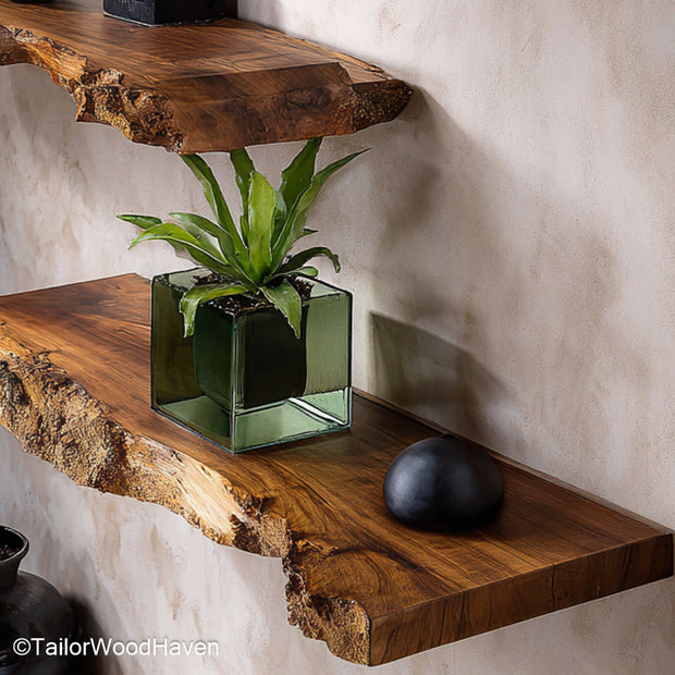 Farmhouse kitchen shelves built from sealed hardwood with aged texture and open design, perfect for storing or displaying rustic kitchenware