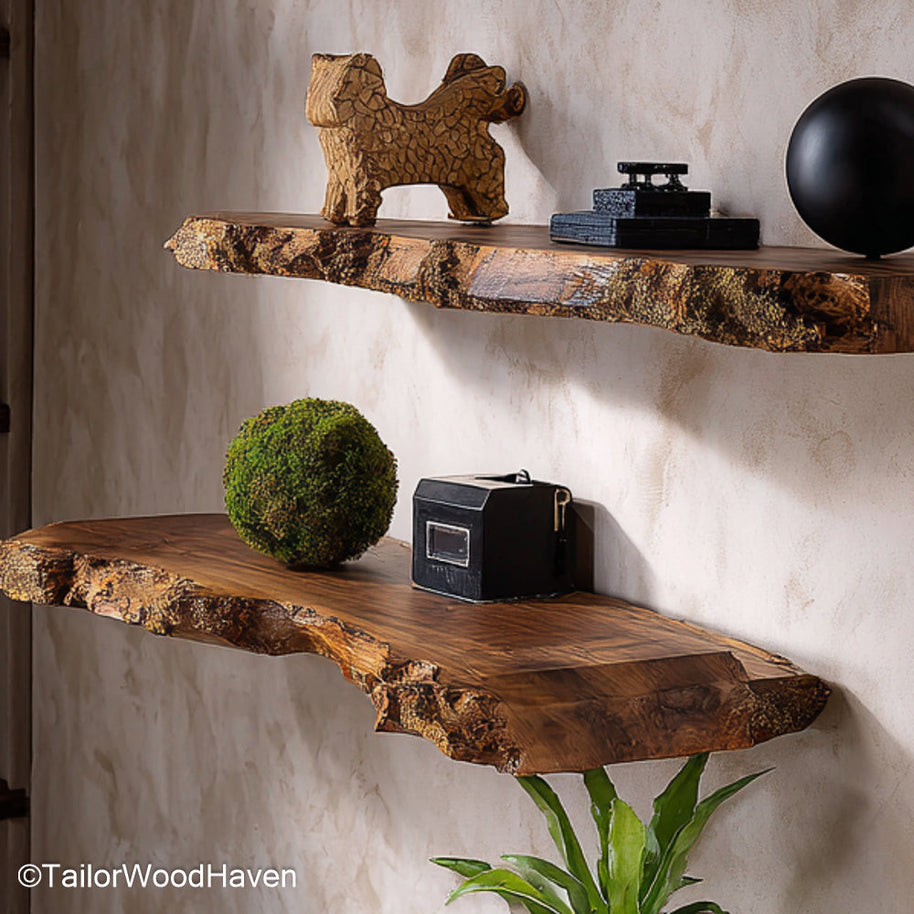 Farmhouse kitchen shelves built from sealed hardwood with aged texture and open design, perfect for storing or displaying rustic kitchenware