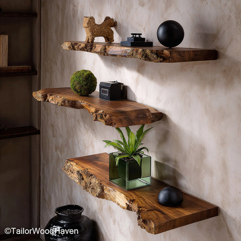 Farmhouse kitchen shelves built from sealed hardwood with aged texture and open design, perfect for storing or displaying rustic kitchenware