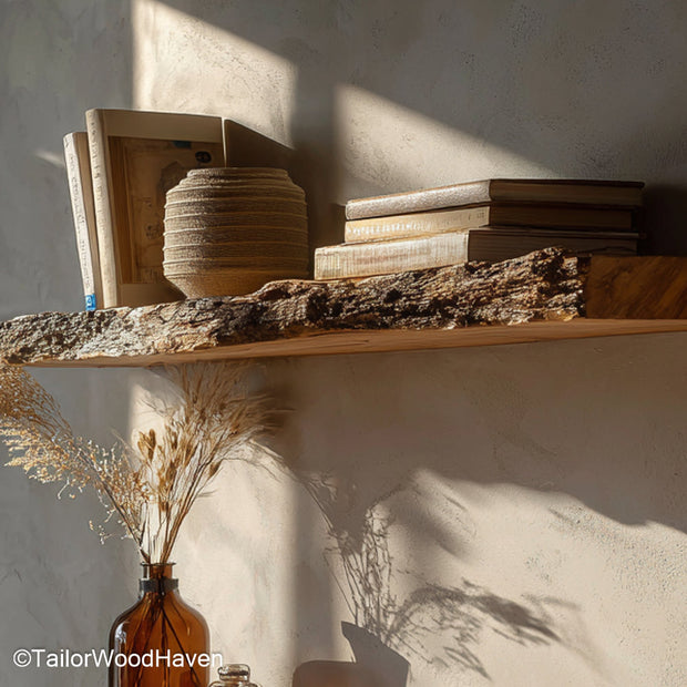 Rustic wall bookshelf built from thick slabs with worn surface and open floating design, suitable for farmhouse style book displays or storage
