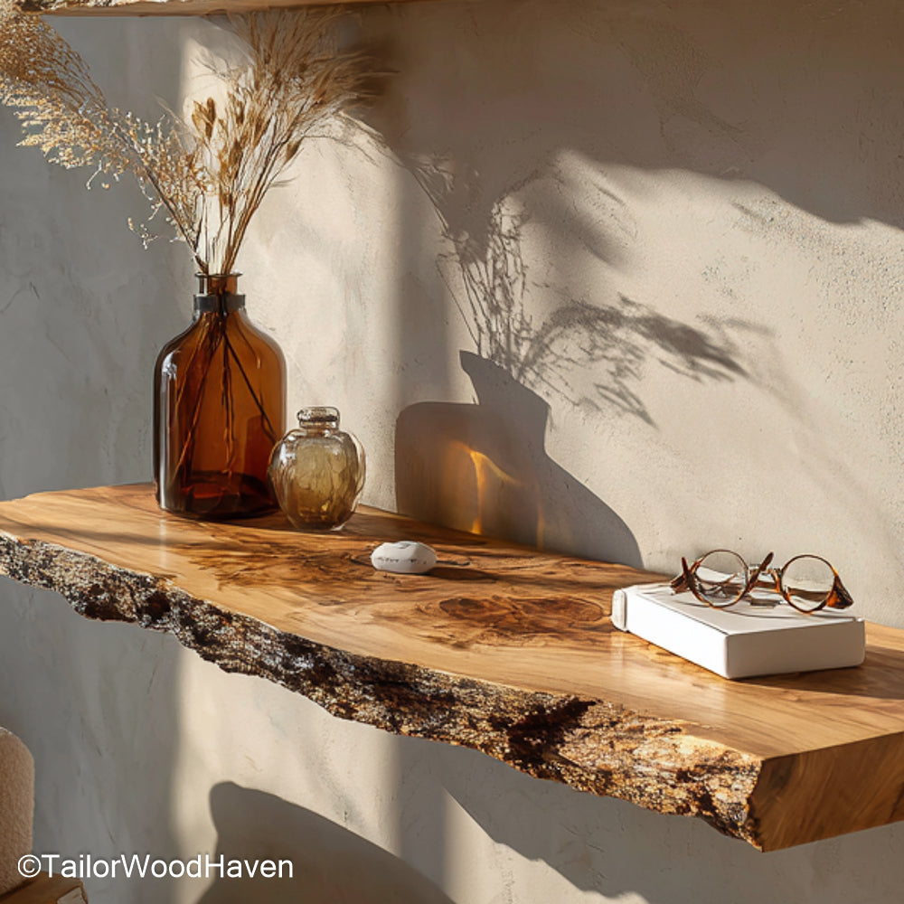 Rustic wall bookshelf built from thick slabs with worn surface and open floating design, suitable for farmhouse style book displays or storage
