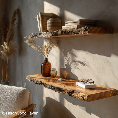 Rustic wall bookshelf built from thick slabs with worn surface and open floating design, suitable for farmhouse style book displays or storage