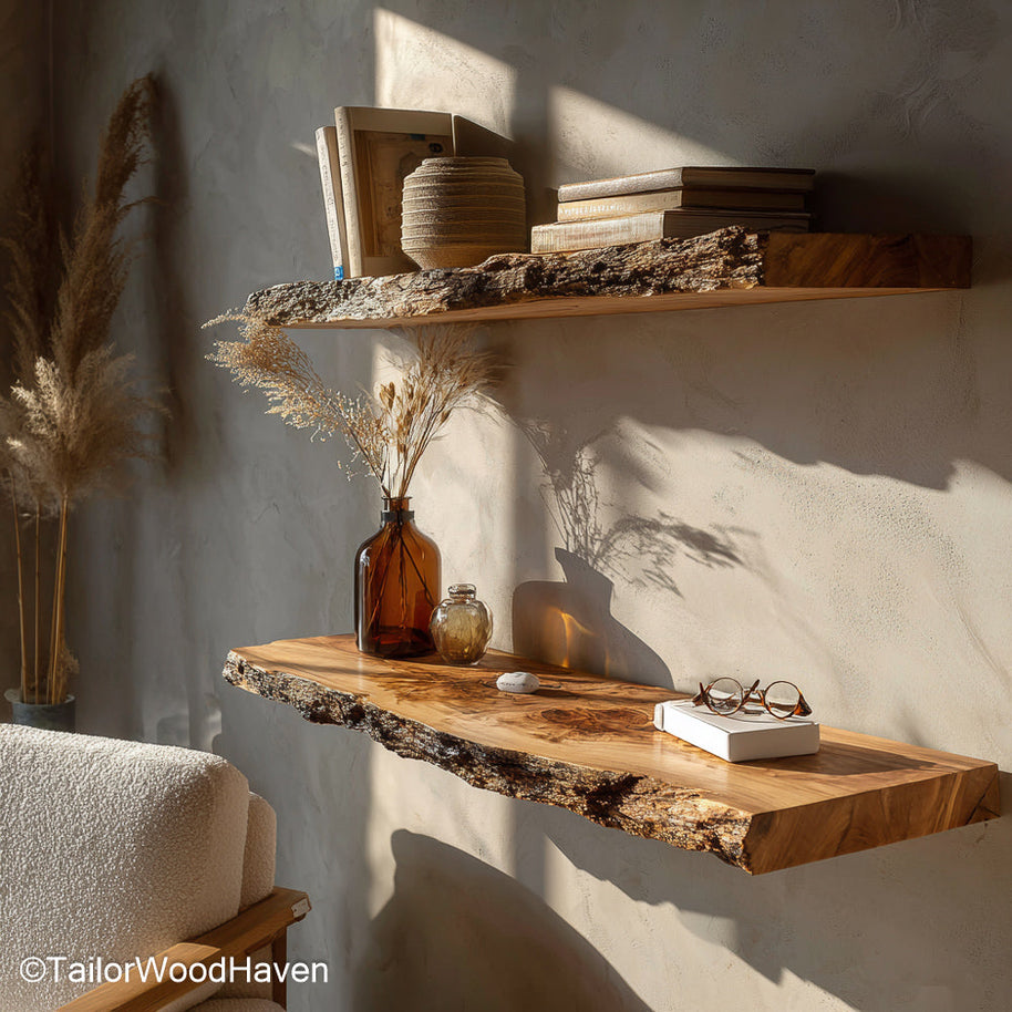Rustic wall bookshelf built from thick slabs with worn surface and open floating design, suitable for farmhouse style book displays or storage
