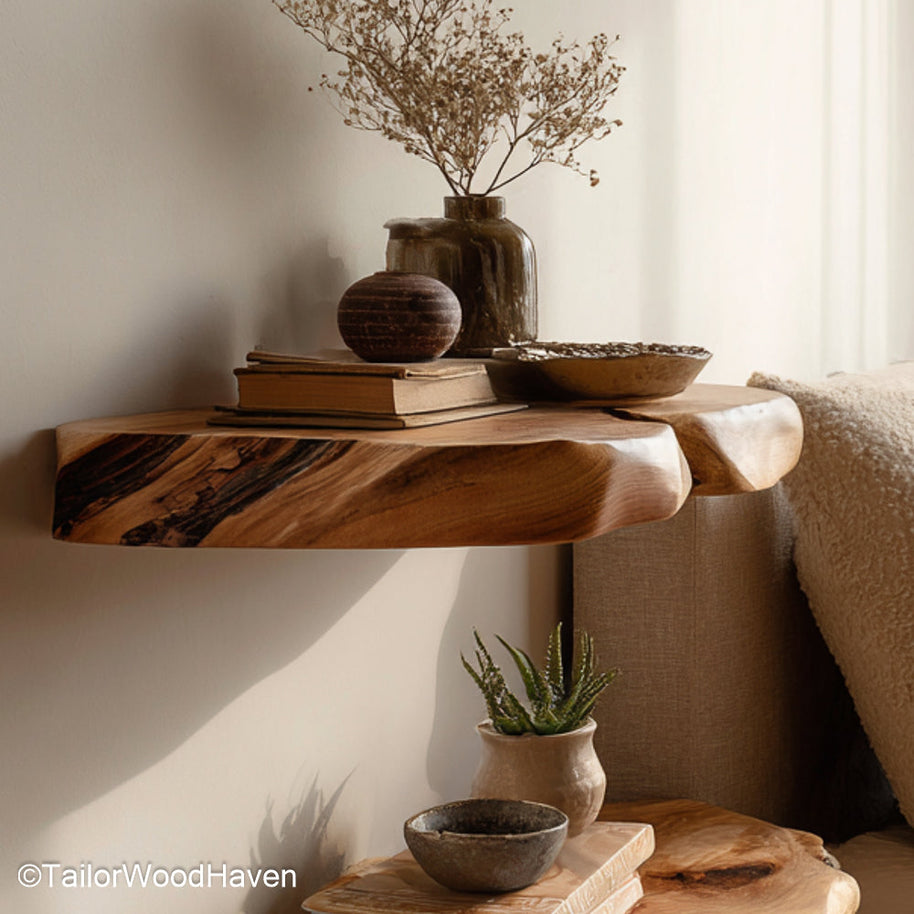 Raw edge floating shelves crafted from natural hardwood slabs with visible grain and wall mounted design, perfect for rustic or modern interiors
