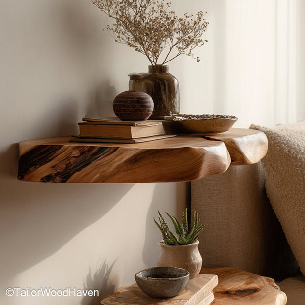 Raw edge floating shelves crafted from natural hardwood slabs with visible grain and wall mounted design, perfect for rustic or modern interiors