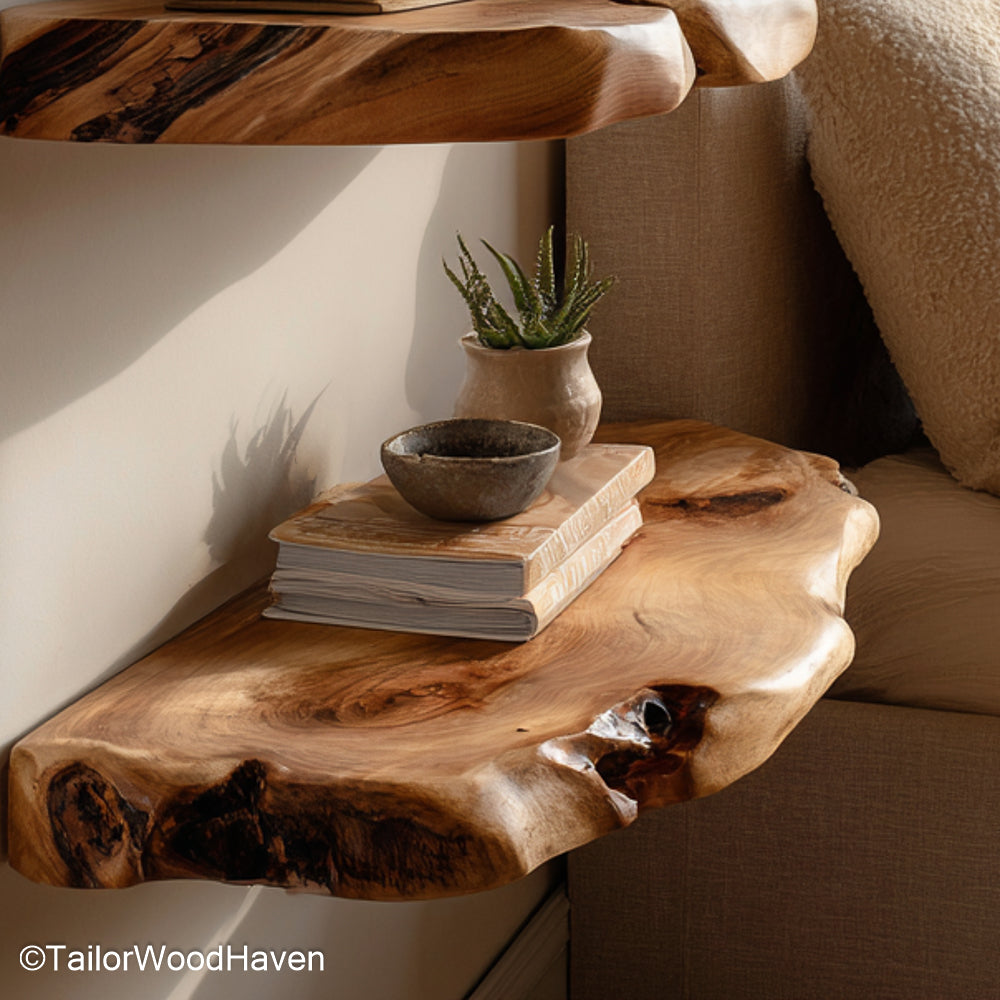 Raw edge floating shelves crafted from natural hardwood slabs with visible grain and wall mounted design, perfect for rustic or modern interiors