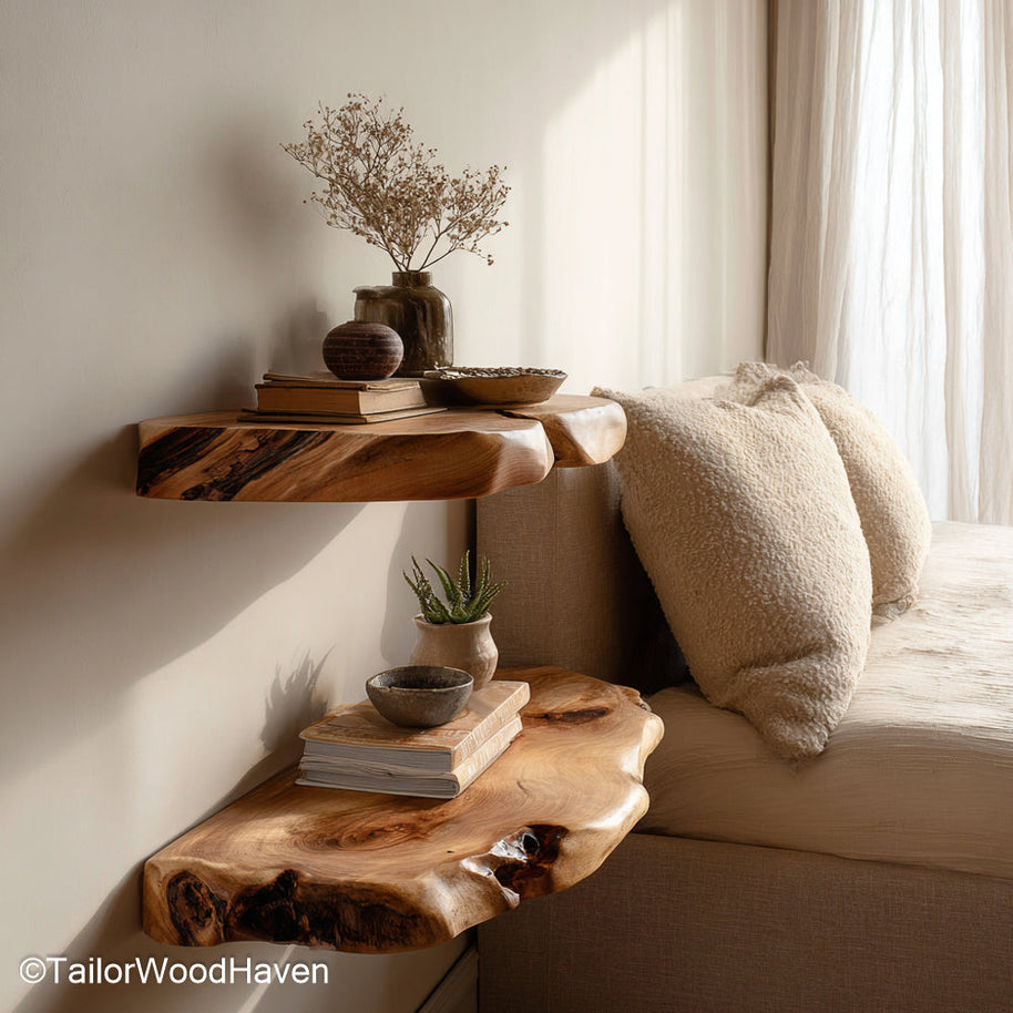 Raw edge floating shelves crafted from natural hardwood slabs with visible grain and wall mounted design, perfect for rustic or modern interiors