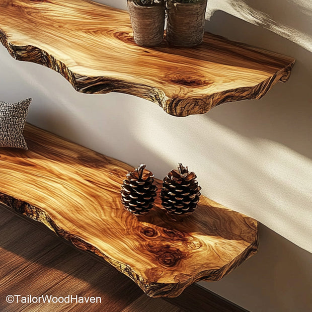 Raw edge shelf built from thick timber with a live edge cut and floating wall brackets, designed for display or daily storage use