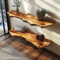 Raw edge shelf built from thick timber with a live edge cut and floating wall brackets, designed for display or daily storage use