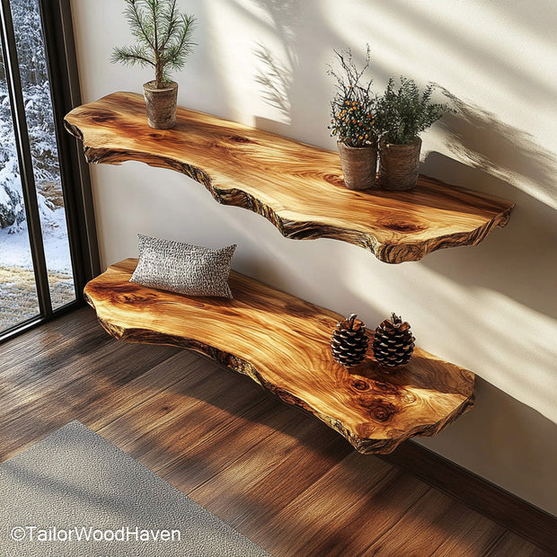 Raw edge shelf built from thick timber with a live edge cut and floating wall brackets, designed for display or daily storage use