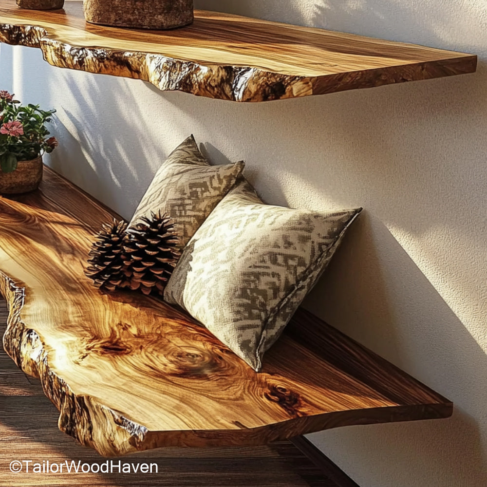 Live edge walnut floating shelves crafted from solid walnut with visible grain and floating wall design, made for warm and organic living spaces