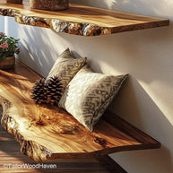 Live edge walnut floating shelves crafted from solid walnut with visible grain and floating wall design, made for warm and organic living spaces