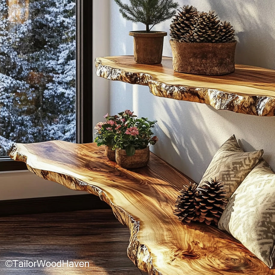 Live edge walnut floating shelves crafted from solid walnut with visible grain and floating wall design, made for warm and organic living spaces