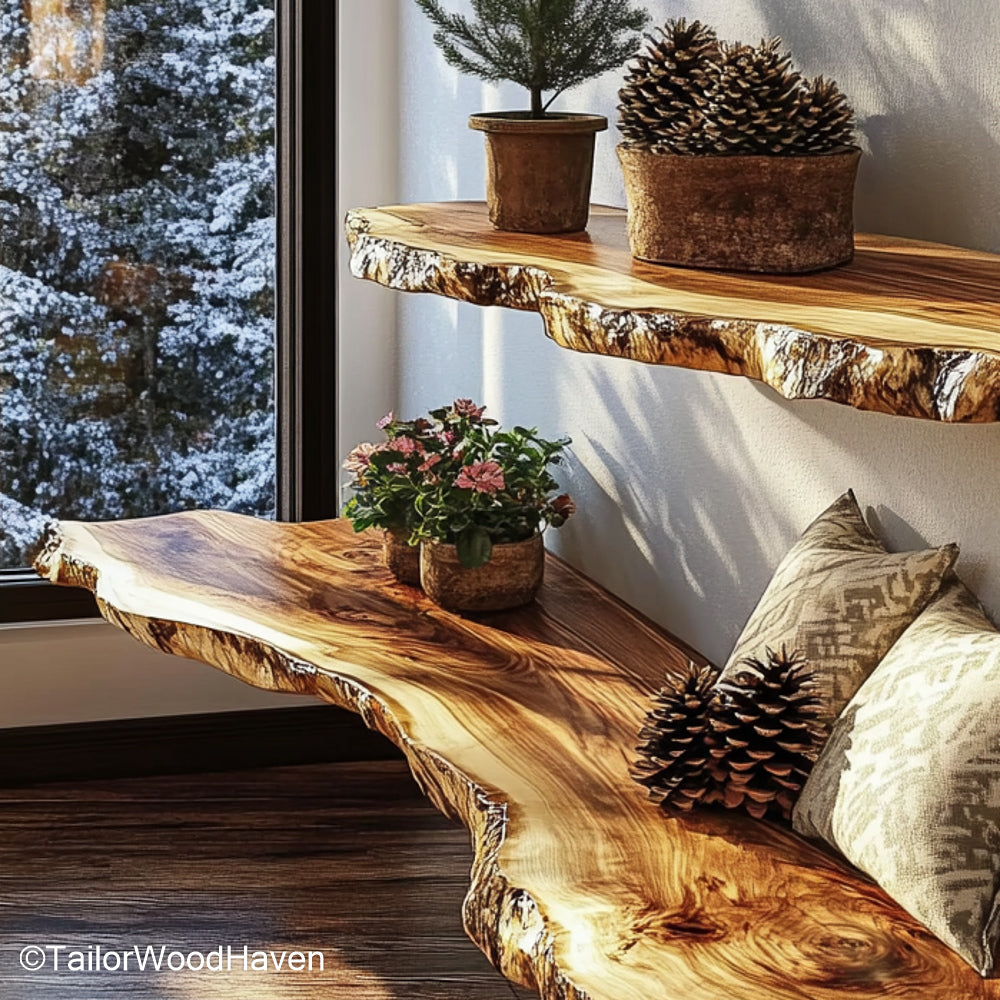 Live edge walnut floating shelves crafted from solid walnut with visible grain and floating wall design, made for warm and organic living spaces