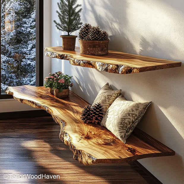 Live edge walnut floating shelves crafted from solid walnut with visible grain and floating wall design, made for warm and organic living spaces