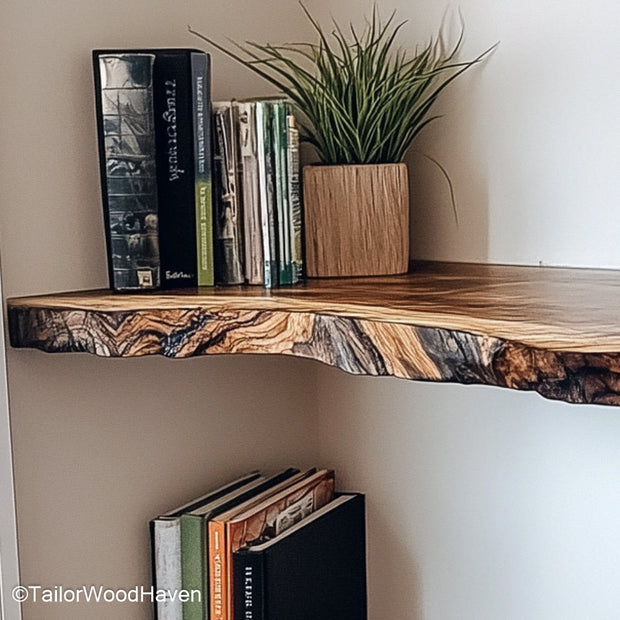 Raw edge wood shelf handcrafted from solid wood with natural edge and clean surface, perfect as a functional rustic accent on any wall