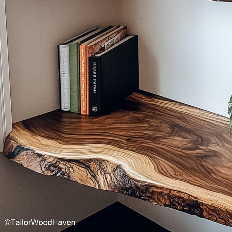 Raw edge wood shelf handcrafted from solid wood with natural edge and clean surface, perfect as a functional rustic accent on any wall