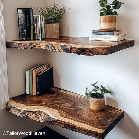 Raw edge wood shelf handcrafted from solid wood with natural edge and clean surface, perfect as a functional rustic accent on any wall