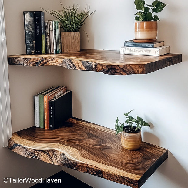 Raw edge wood shelf handcrafted from solid wood with natural edge and clean surface, perfect as a functional rustic accent on any wall