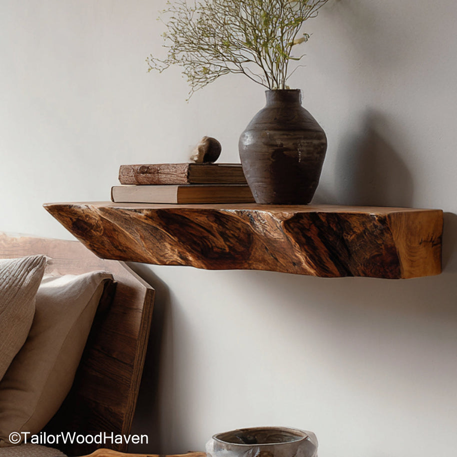 Live edge walnut shelf made from American walnut with raw edge and smooth finish, ideal for elegant floating storage in warm toned rooms