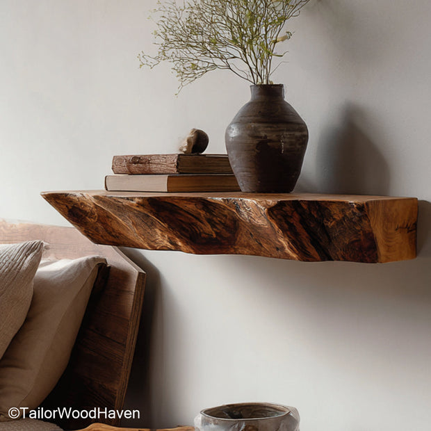 Live edge walnut shelf made from American walnut with raw edge and smooth finish, ideal for elegant floating storage in warm toned rooms