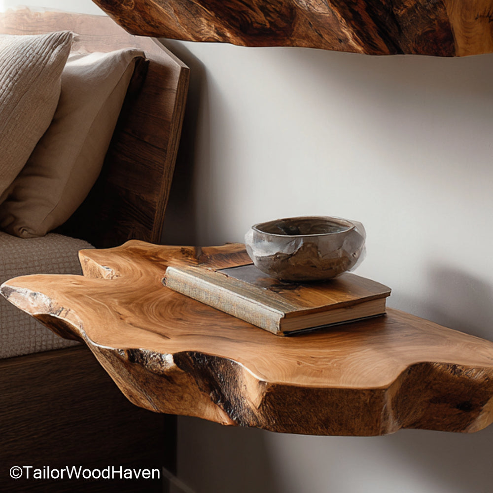 Live edge walnut shelf made from American walnut with raw edge and smooth finish, ideal for elegant floating storage in warm toned rooms