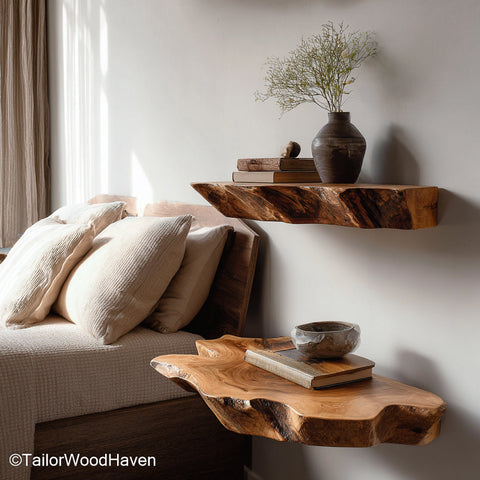 Live edge walnut shelf made from American walnut with raw edge and smooth finish, ideal for elegant floating storage in warm toned rooms