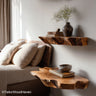 Live edge walnut shelf made from American walnut with raw edge and smooth finish, ideal for elegant floating storage in warm-toned rooms