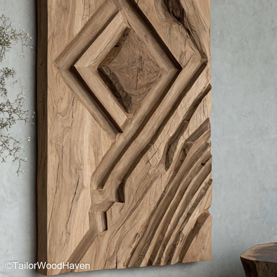 Wood Bedroom Wall Decor made from solid wood with hand carved accents and organic grain, perfect for rustic or cozy bedroom wall enhancements