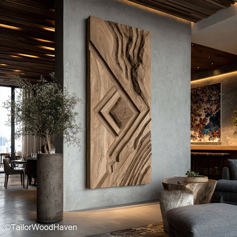 Wood Bedroom Wall Decor made from solid wood with hand carved accents and organic grain, perfect for rustic or cozy bedroom wall enhancements