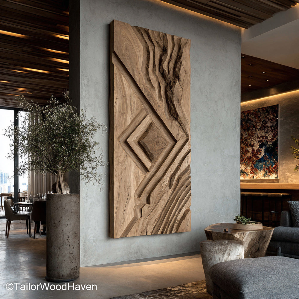 Wood Bedroom Wall Decor made from solid wood with hand carved accents and organic grain, perfect for rustic or cozy bedroom wall enhancements