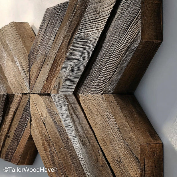 Wood Quilt Wall Hanging made from hand assembled wood tiles arranged in quilt style patterns, offering rich texture and artistry for home interiors