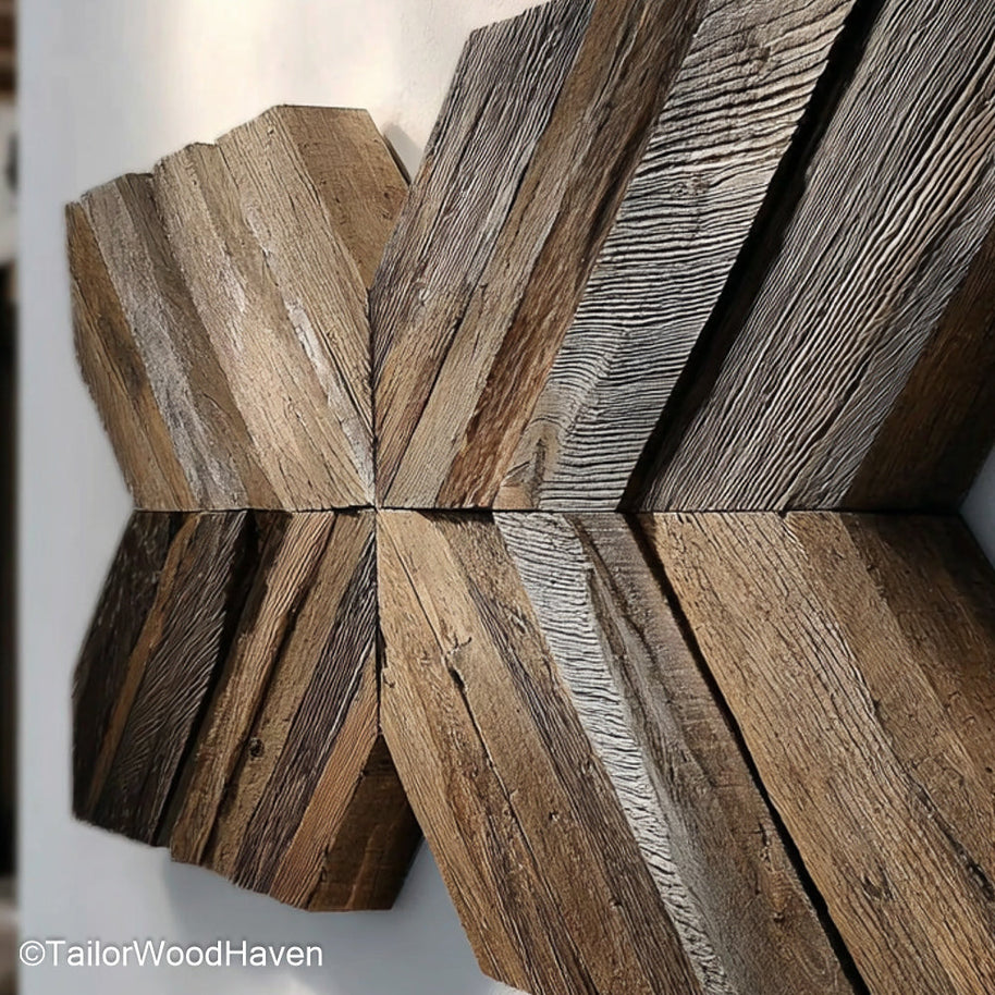 Wood Quilt Wall Hanging made from hand assembled wood tiles arranged in quilt style patterns, offering rich texture and artistry for home interiors