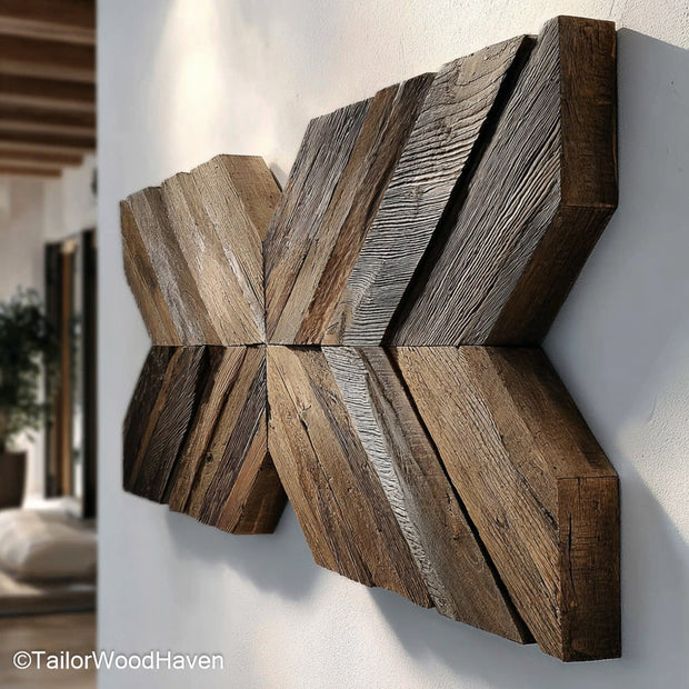 Wood Quilt Wall Hanging made from hand assembled wood tiles arranged in quilt style patterns, offering rich texture and artistry for home interiors