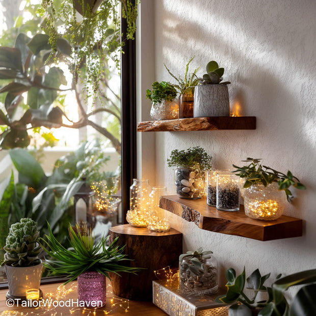 Mid century floating shelves in warm walnut tones with clean edges and slim profile, ideal for retro inspired living and office spaces