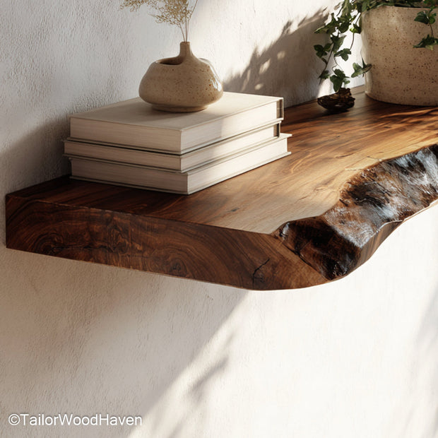 Hobby Lobby floating shelves inspired design in natural wood with decorative edges and clean minimalist form for home styling