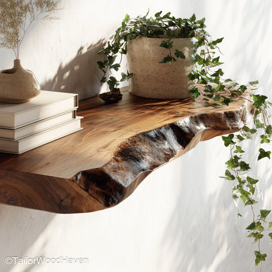 Hobby Lobby floating shelves inspired design in natural wood with decorative edges and clean minimalist form for home styling