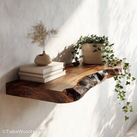 Hobby Lobby floating shelves inspired design in natural wood with decorative edges and clean minimalist form for home styling