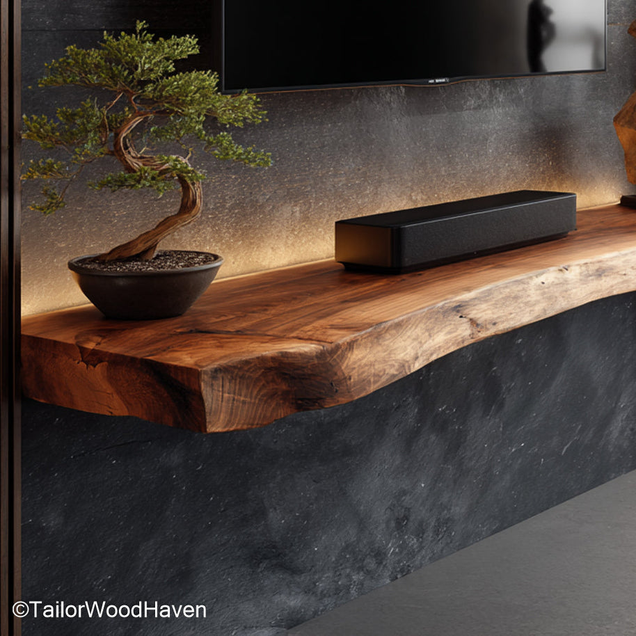 Floating shelves with LED lights built into the underside for ambient glow, perfect for bedroom, hallway, or media room accents