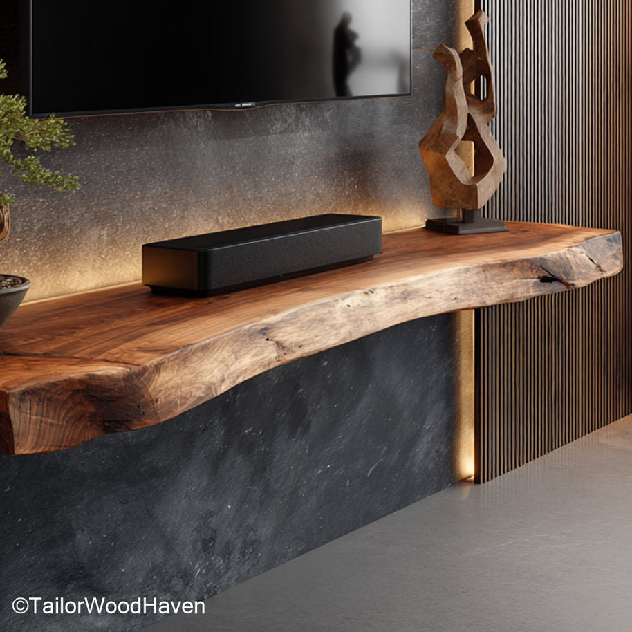 Floating shelves with LED lights built into the underside for ambient glow, perfect for bedroom, hallway, or media room accents