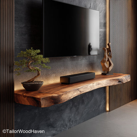 Floating shelves with LED lights built into the underside for ambient glow, perfect for bedroom, hallway, or media room accents