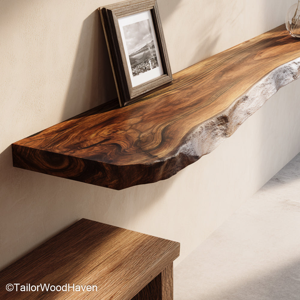 Living room floating shelves in solid hardwood with oil finish and clean edges, perfect for open displays and wall mounted decor