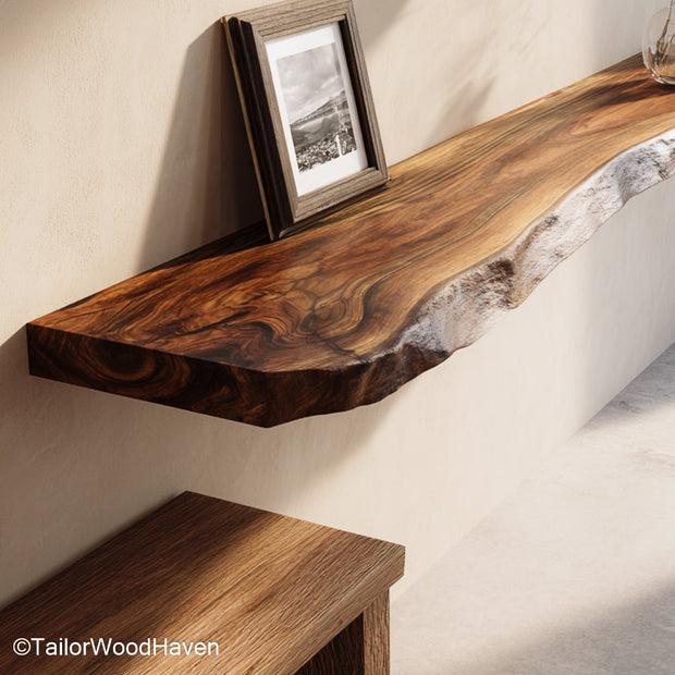Living room floating shelves in solid hardwood with oil finish and clean edges, perfect for open displays and wall mounted decor