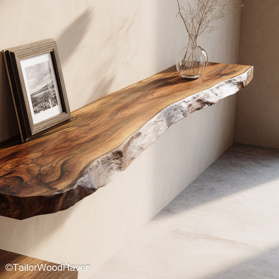 Living room floating shelves in solid hardwood with oil finish and clean edges, perfect for open displays and wall mounted decor