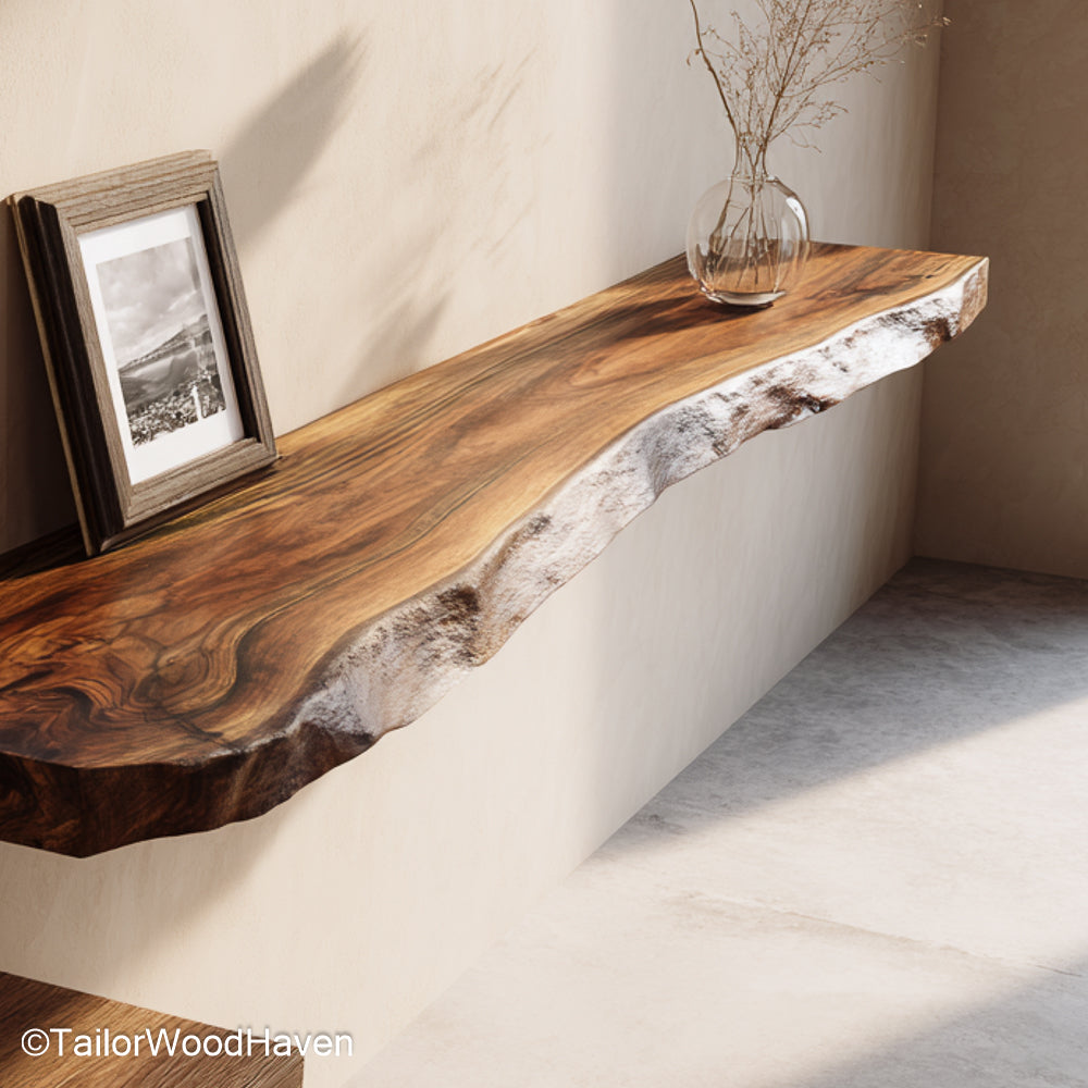 Living room floating shelves in solid hardwood with oil finish and clean edges, perfect for open displays and wall mounted decor