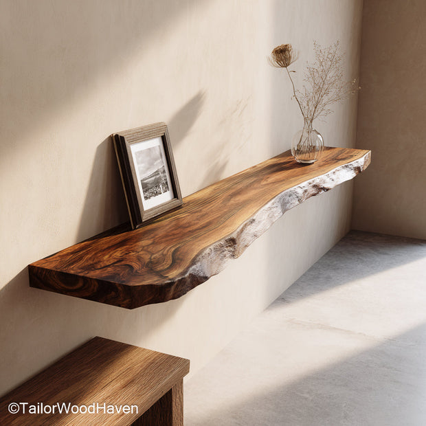 Living room floating shelves in solid hardwood with oil finish and clean edges, perfect for open displays and wall mounted decor