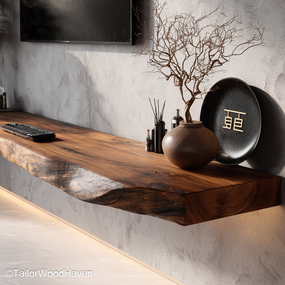 Solid wood floating shelves made from premium hardwood with invisible brackets and a smooth finish for upscale storage display