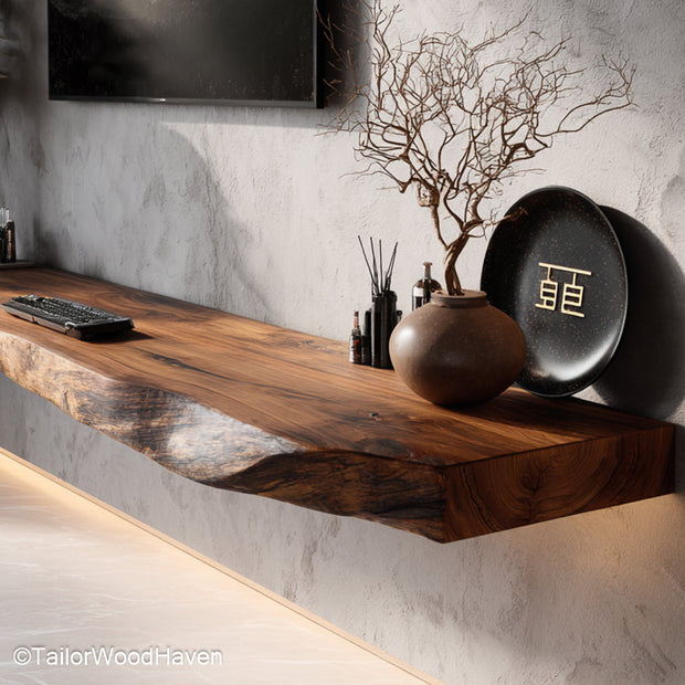 Solid wood floating shelves made from premium hardwood with invisible brackets and a smooth finish for upscale storage display