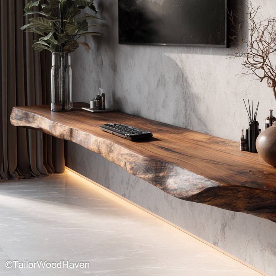 Solid wood floating shelves made from premium hardwood with invisible brackets and a smooth finish for upscale storage display