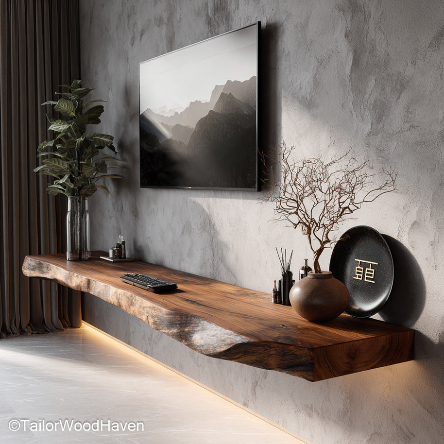 Solid wood floating shelves made from premium hardwood with invisible brackets and a smooth finish for upscale storage display